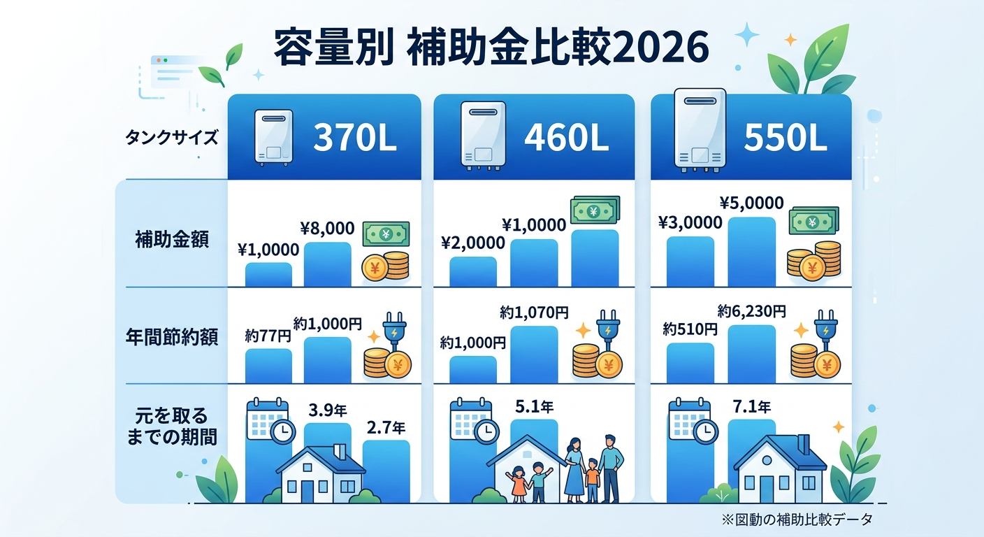 エコキュートの容量別補助金2026｜370L・460Lで比較の補助金解説図
