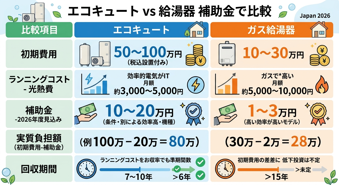 エコキュートと給湯器 どっちがお得？補助金で比較2026の補助金解説図