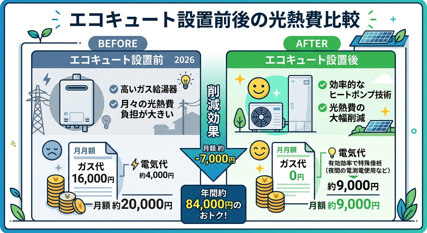 エコキュートで光熱費はいくら安くなる？2026年版シミュレーションの補助金解説図