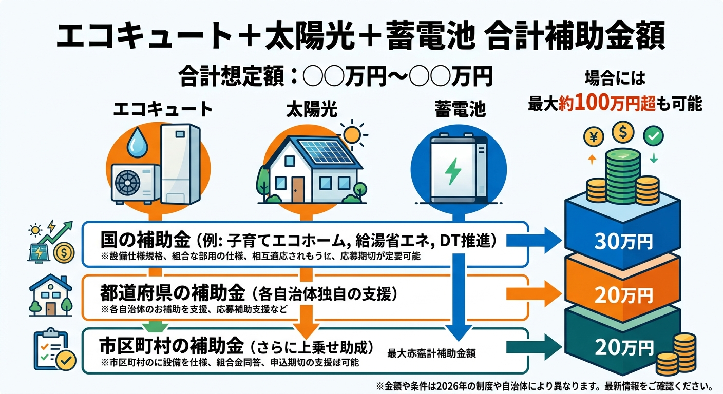 エコキュート補助金 太陽光・蓄電池との併用で最大いくら？の補助金解説図