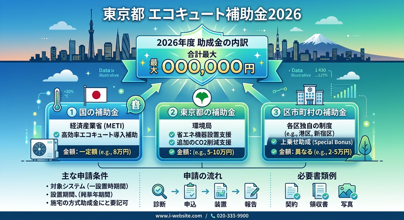 東京都 エコキュート補助金2026｜最大○万円の申請条件と手順の補助金解説図