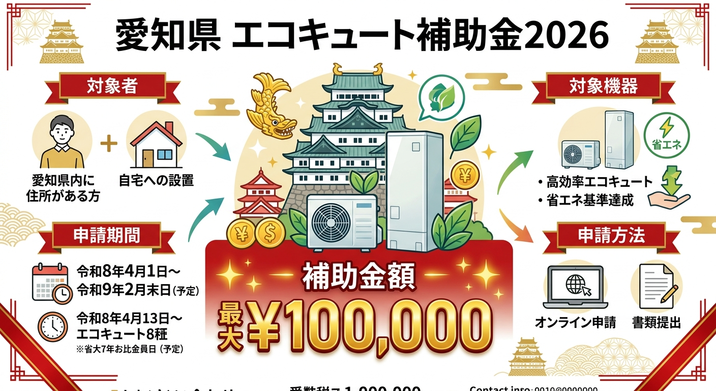 愛知県 エコキュート補助金2026｜申請方法・条件まとめの補助金解説図