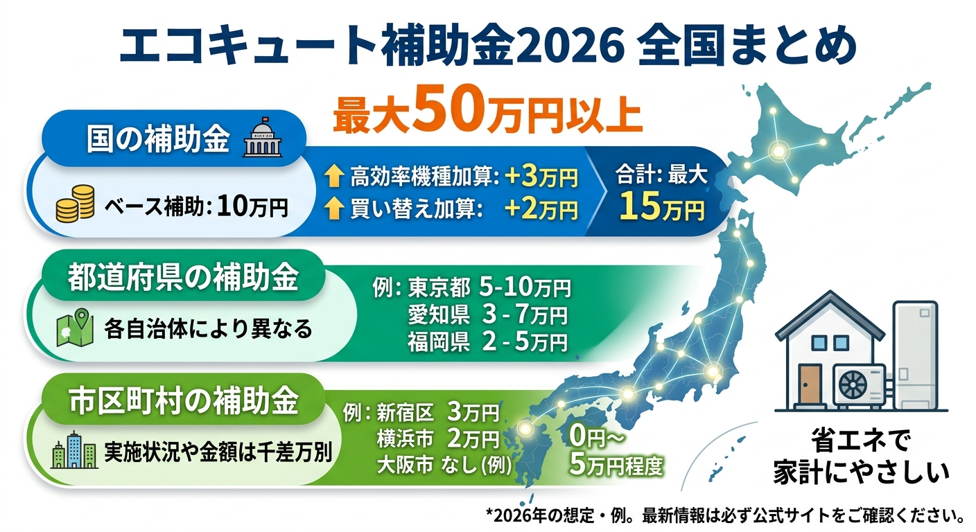 エコキュート補助金2026 全国まとめ｜国・自治体で最大いくら？の補助金解説図