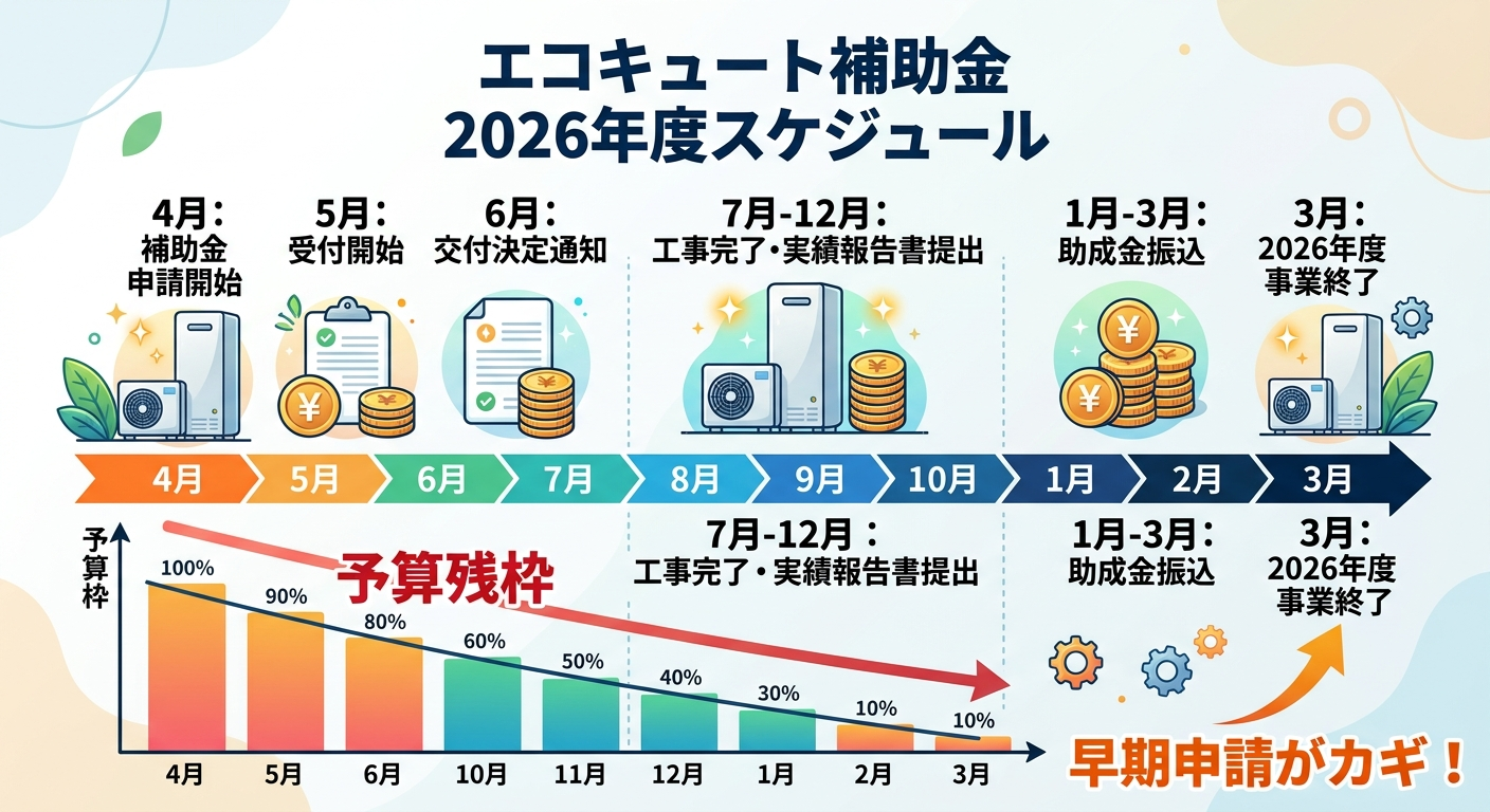 エコキュート補助金はいつまで？2026年度の申請締切・予算残枠・駆け込み対策を解説の補助金解説図