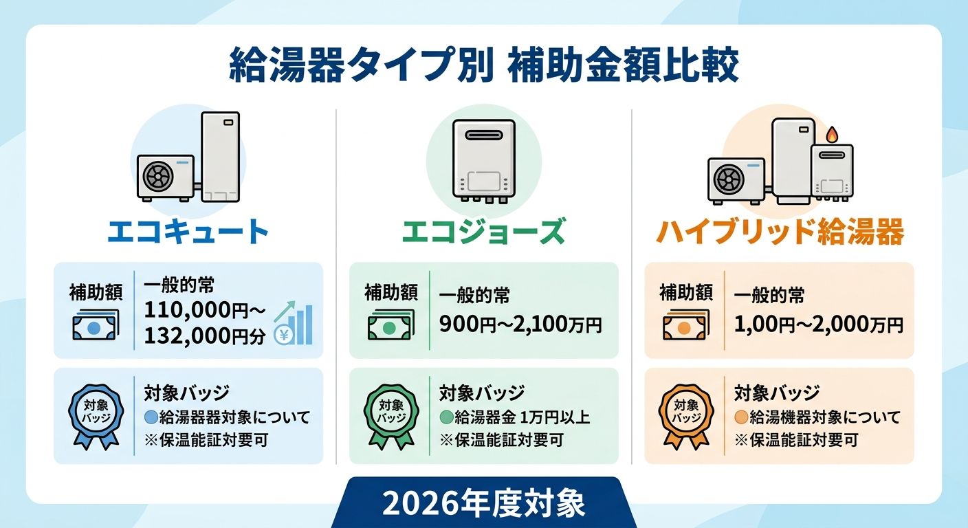 給湯器補助金2026 対象機種一覧｜エコキュート・エコジョーズ・ハイブリッド給湯器の条件と金額を比較の補助金解説図