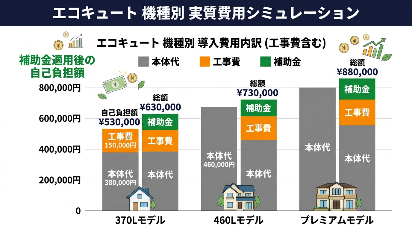 エコキュート費用と補助金2026｜自己負担はいくら？実質費用を機種別にシミュレーションの補助金解説図