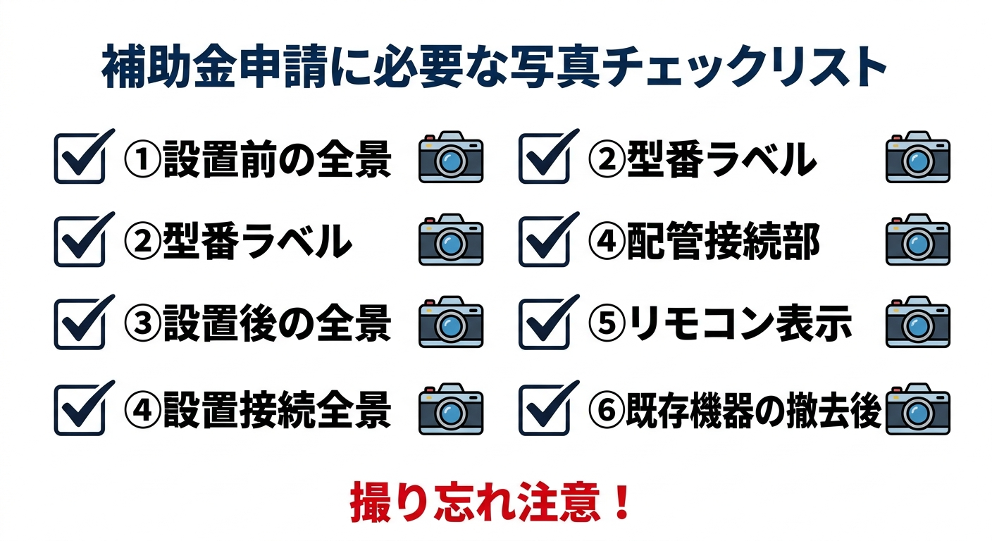 エコキュート補助金の申請に必要な写真とは？撮影タイミング・撮り方・失敗例を徹底解説2026の補助金解説図