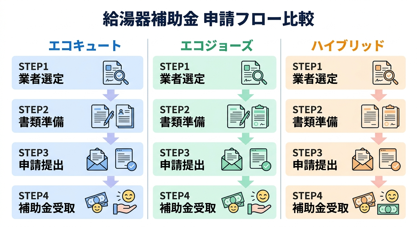 給湯器補助金2026 申請方法ガイド｜エコキュート・エコジョーズ別の手順・必要書類・注意点を解説の補助金解説図
