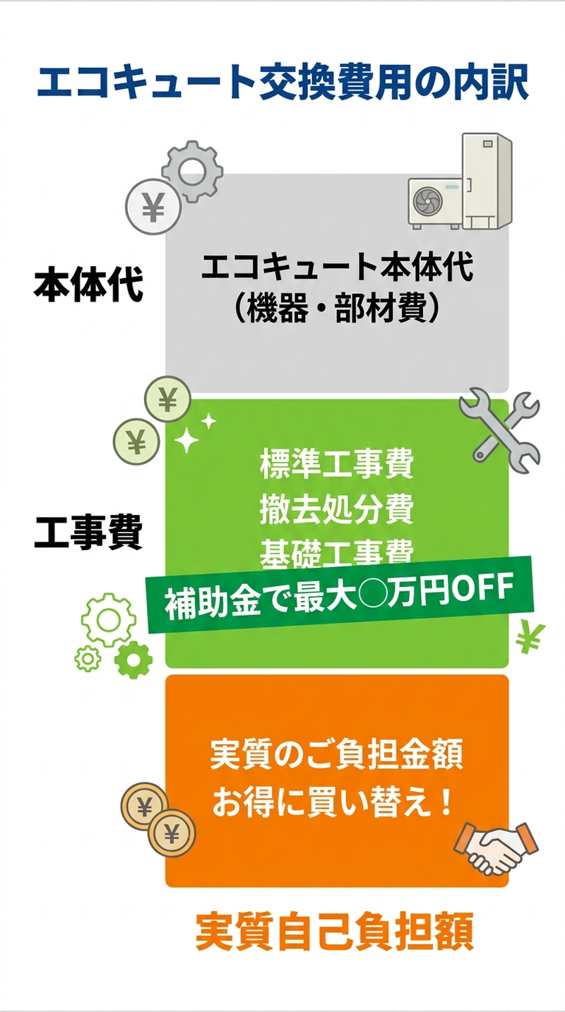 エコキュート交換費用と補助金2026｜買い替え工事の総額・自己負担額・申請手順をわかりやすく解説の補助金解説図
