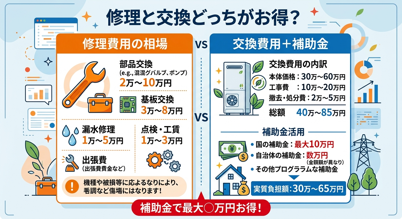 エコキュート修理費用と補助金2026｜故障時の修理代相場・補助金活用・交換判断の完全ガイドの補助金解説図