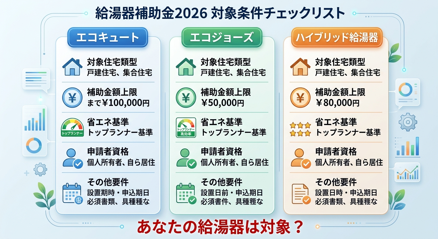 給湯器補助金2026 対象製品・対象者の条件一覧｜エコキュート・エコジョーズ・ハイブリッド別に詳しく解説の補助金解説図