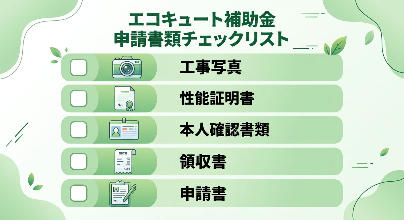 エコキュート補助金の申請書類一覧2026｜必要書類チェックリスト・入手先・記入例をわかりやすく解説の補助金解説図