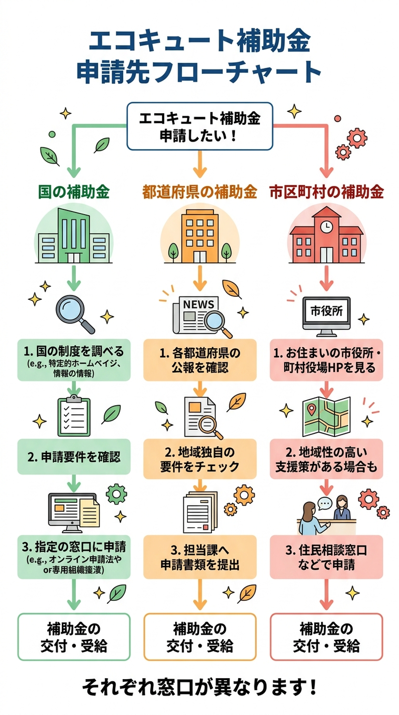 エコキュート補助金の申請先はどこ？2026年版｜国・自治体・事業者別の届出窓口と手続きの流れを解説の補助金解説図