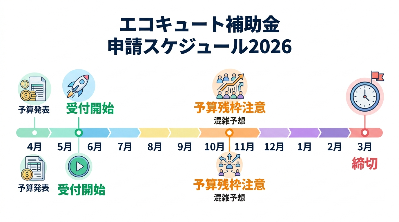 エコキュート補助金2026 申請はいつから？受付開始日・スケジュール・早期申請のコツを徹底解説の補助金解説図
