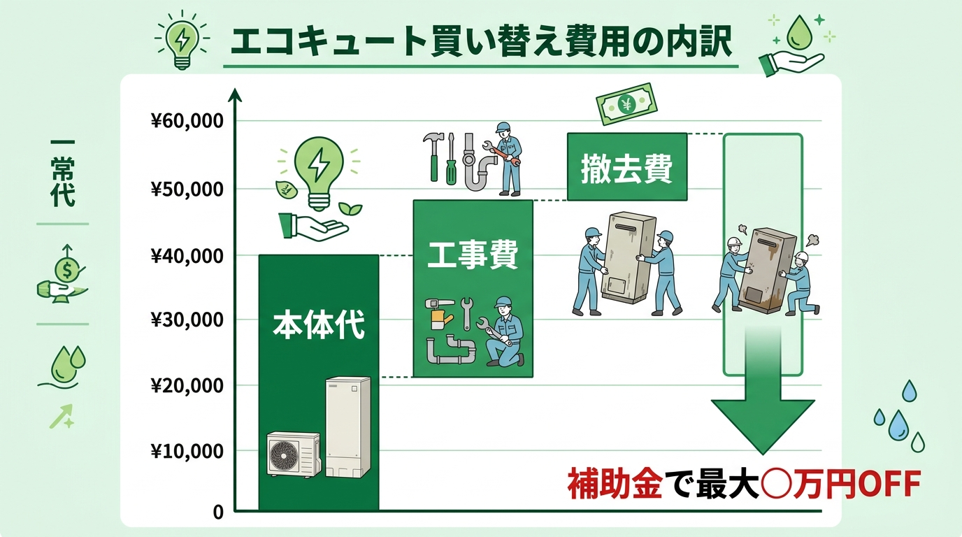 エコキュート買い替え補助金2026｜費用総額・自己負担額・申請手順をケース別にシミュレーションの補助金解説図