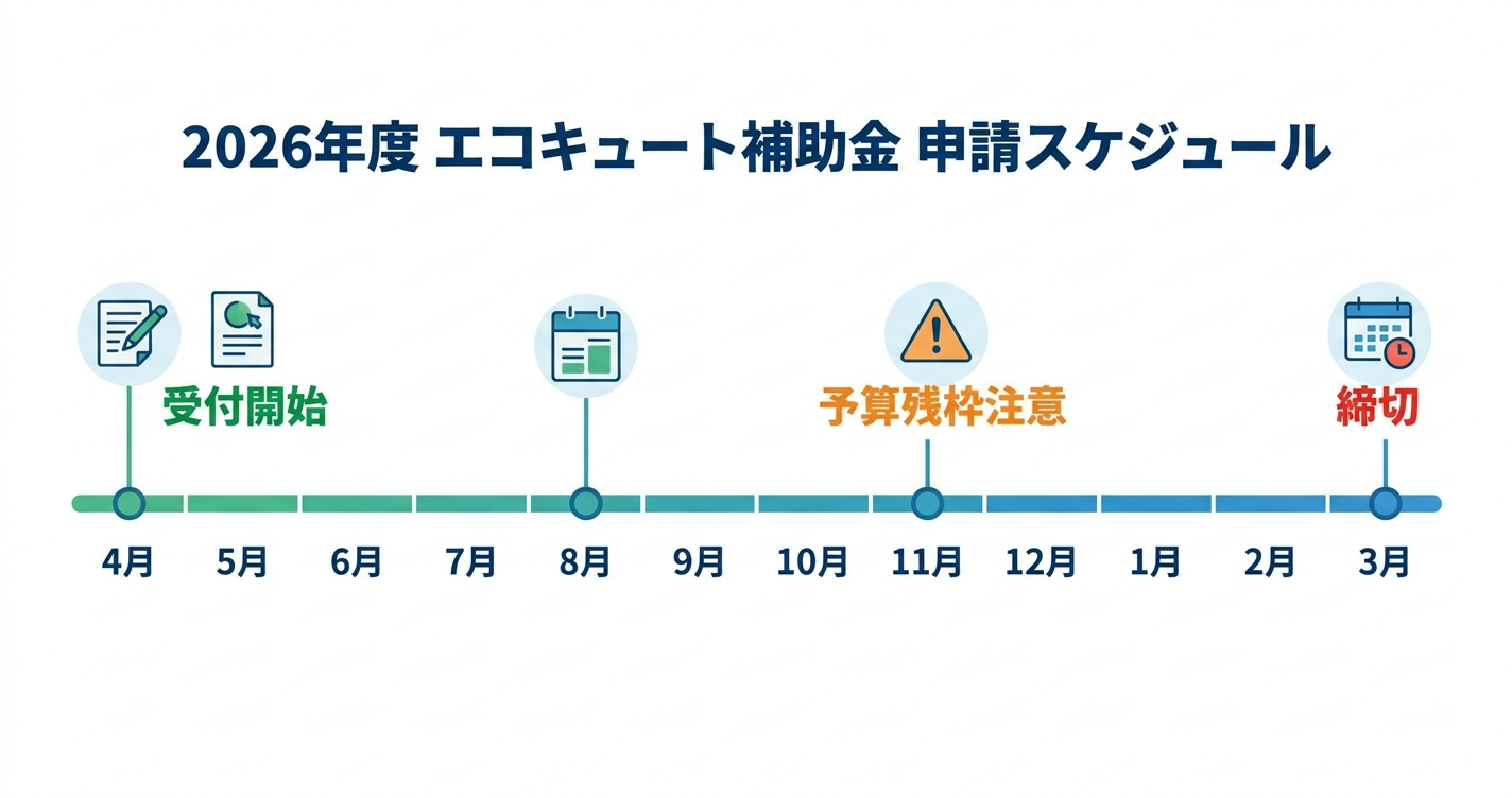 エコキュート補助金2026 申請はいつから？受付開始日・スケジュール・早期申請のコツを徹底解説の補助金解説図