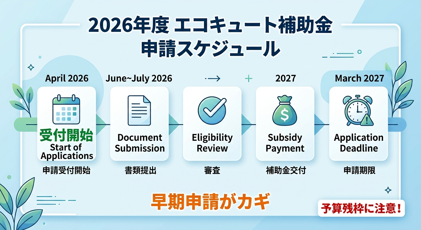 エコキュート補助金2026 申請はいつから？受付開始日・スケジュール・早期申請のコツを徹底解説の補助金解説図
