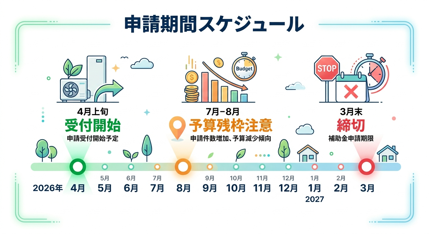 エコキュート補助金の申請期間はいつからいつまで？2026年度のスケジュール・届出時期・予算枠の確認方法を徹底解説の補助金解説図