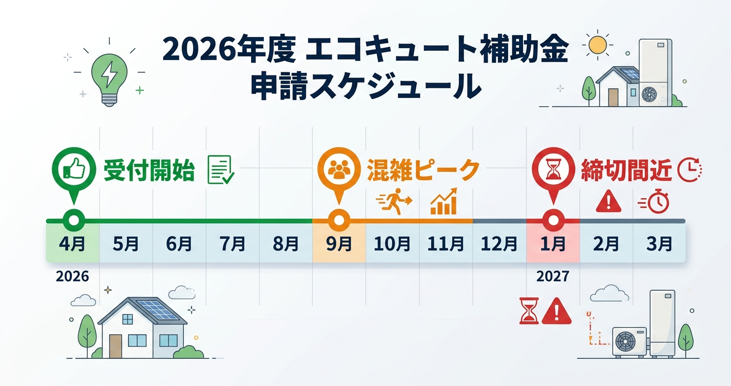 エコキュート補助金の申請期間2026｜受付開始日・締切・予算消化ペースと最適な申請タイミングを解説の補助金解説図