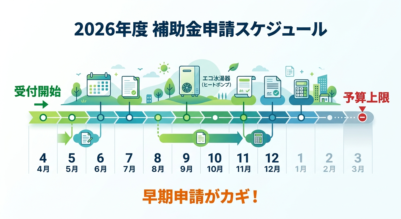エコキュート補助金2026 申請はいつから？受付開始日・スケジュール・早期申請のコツを徹底解説の補助金解説図