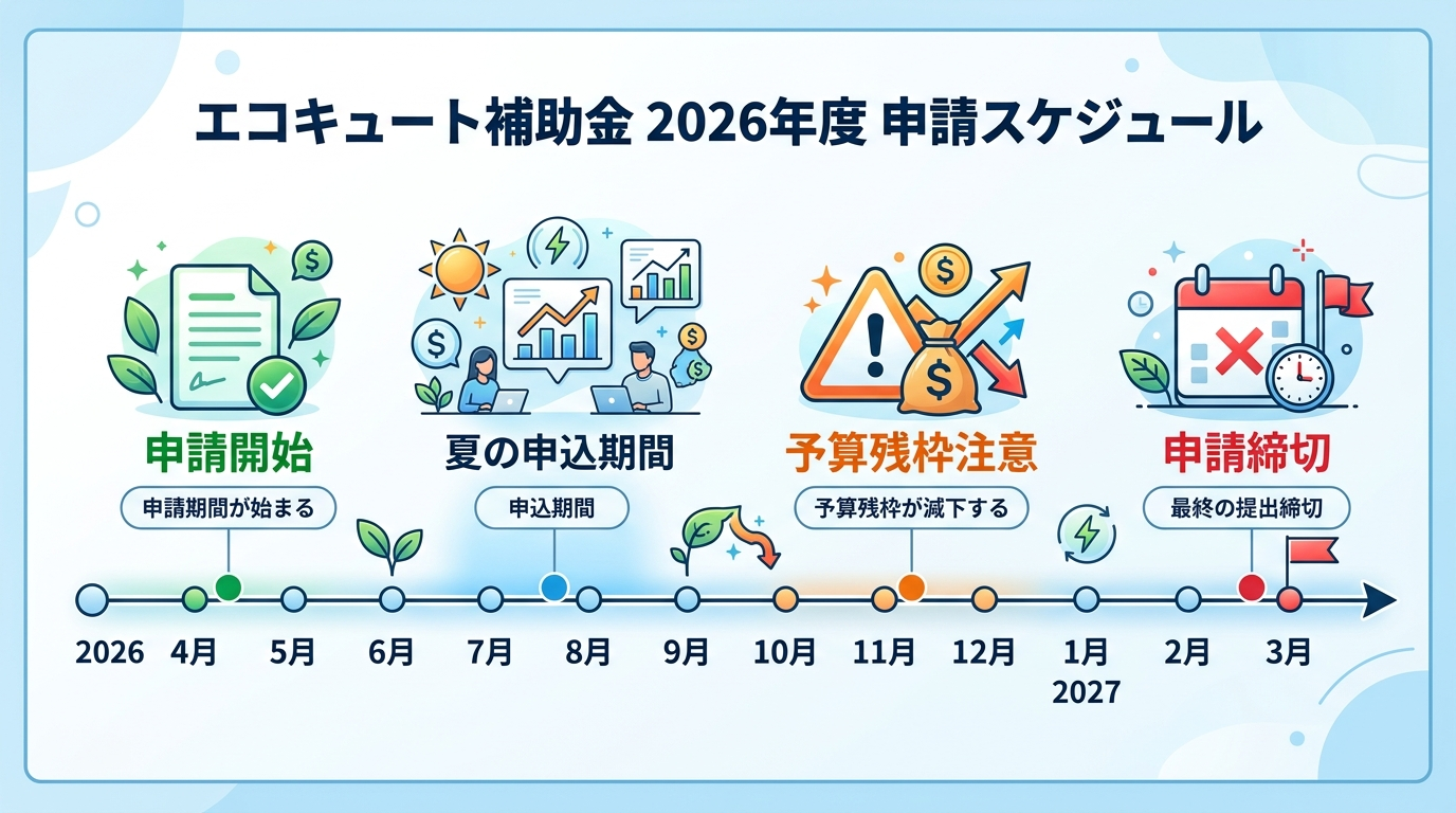 エコキュート補助金の申請期間はいつからいつまで？2026年度スケジュール・届出タイミング・期限切れを防ぐコツを解説の補助金解説図