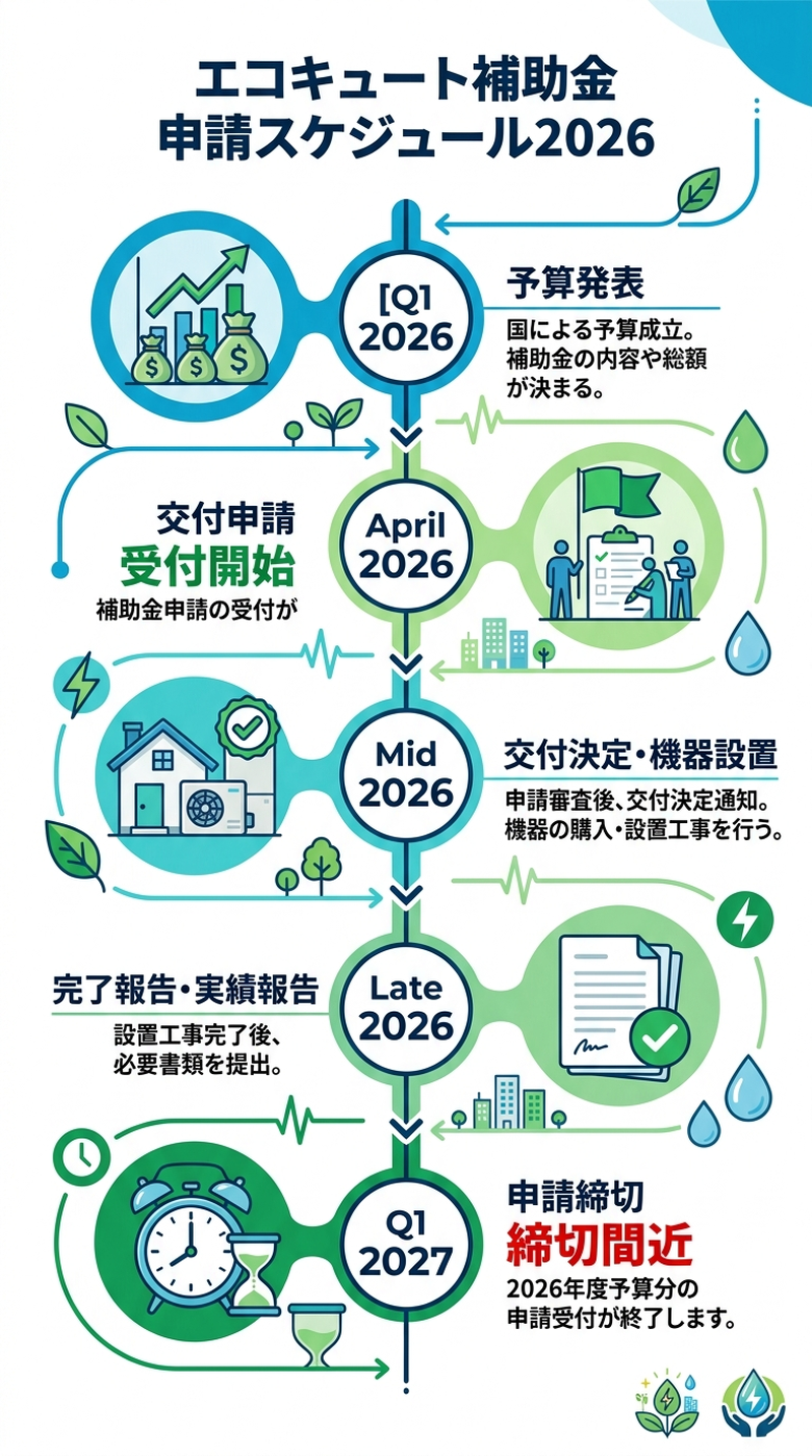 エコキュート補助金2026 申請はいつから？受付開始時期・スケジュール・早期申請のコツを徹底解説の補助金解説図