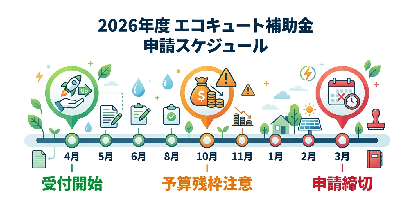エコキュート補助金2026 申請はいつから？受付開始日・申請期間・スケジュールを徹底解説の補助金解説図