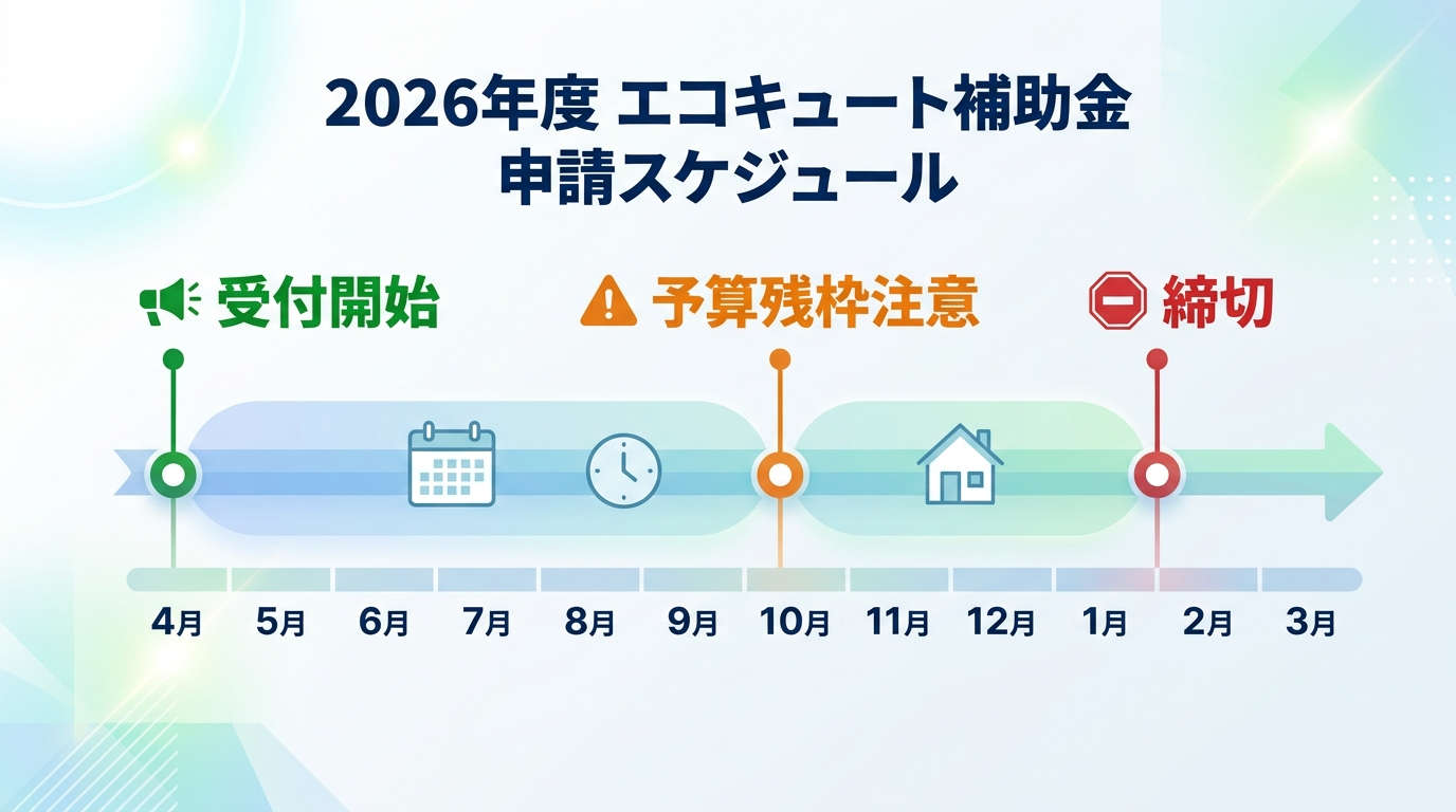 エコキュート補助金の申請期間2026｜受付開始日・締切・予算枠の状況とスケジュール管理術を徹底解説の補助金解説図