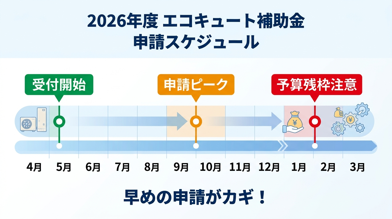 エコキュート補助金2026 申請はいつから？受付開始日・スケジュール・早期申請のコツを徹底解説の補助金解説図