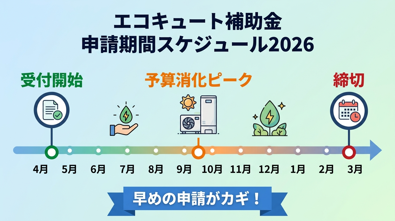 エコキュート補助金の申請期間2026|受付開始日・締切・予算消化ペースと間に合わせるスケジュール術の補助金解説図