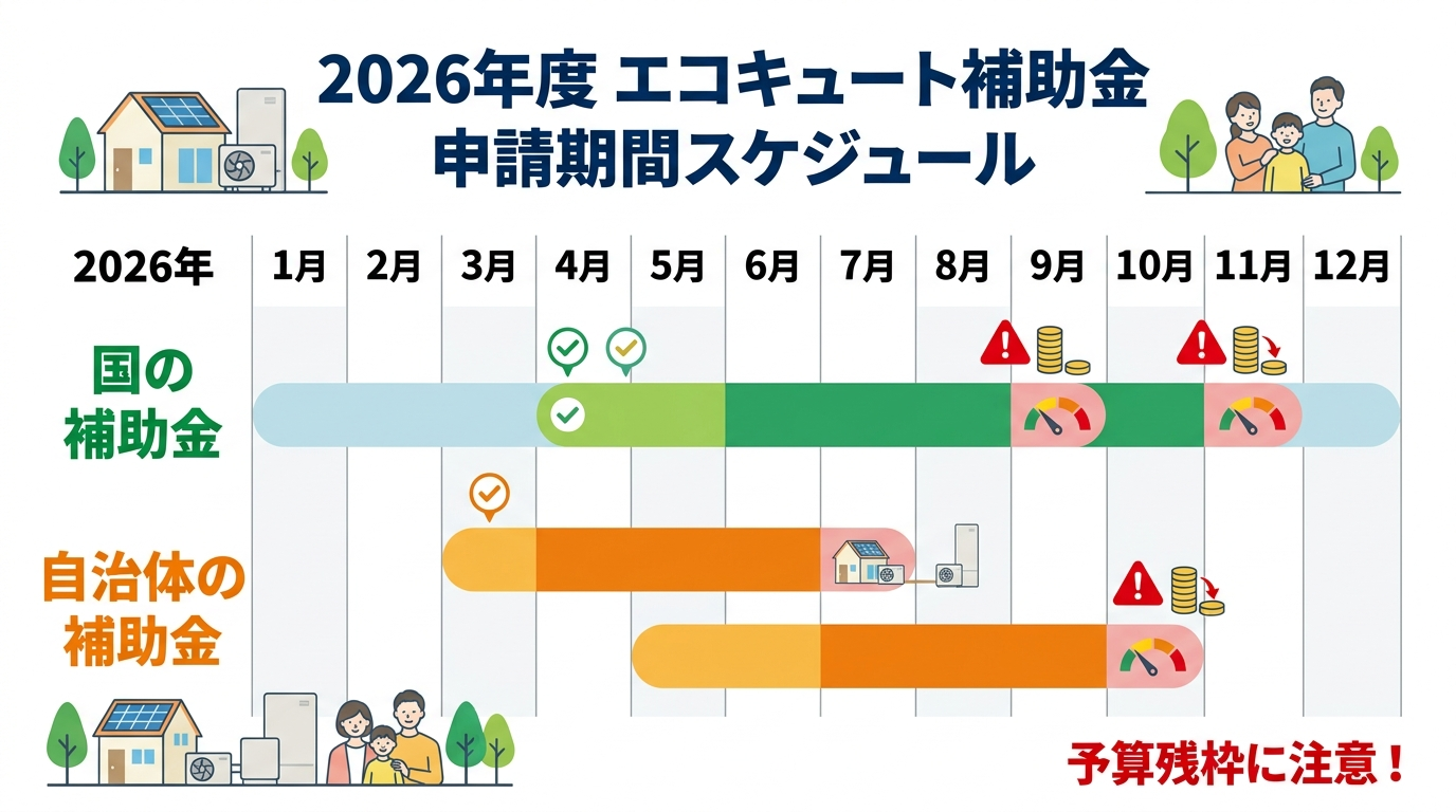 エコキュート補助金2026 申請期間はいつからいつまで？受付スケジュール・予算枠・早期終了リスクを徹底解説の補助金解説図