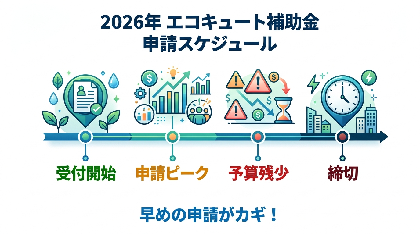 エコキュート補助金2026 申請期間はいつからいつまで？受付開始日・終了日・スケジュールを時系列で解説の補助金解説図