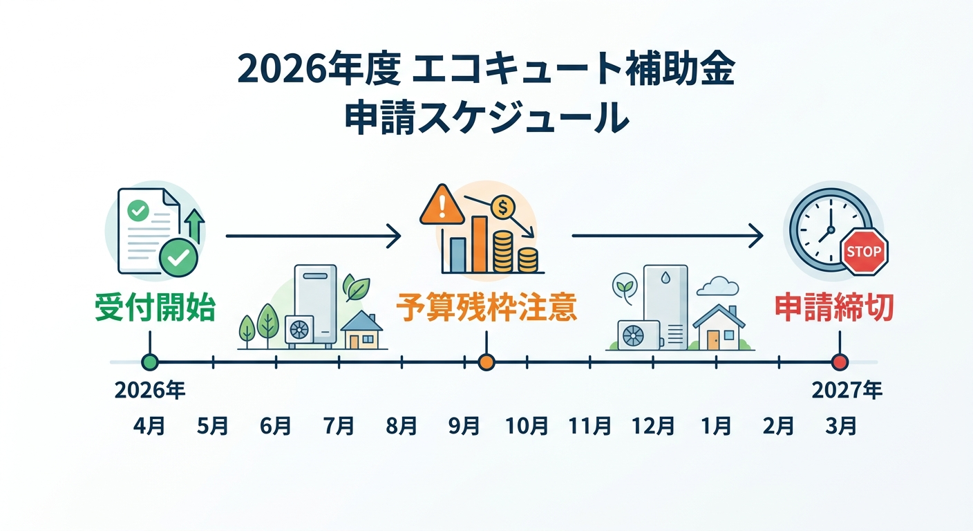 エコキュート補助金2026 申請はいつから？受付開始時期・スケジュール・早期申請のコツを徹底解説の補助金解説図