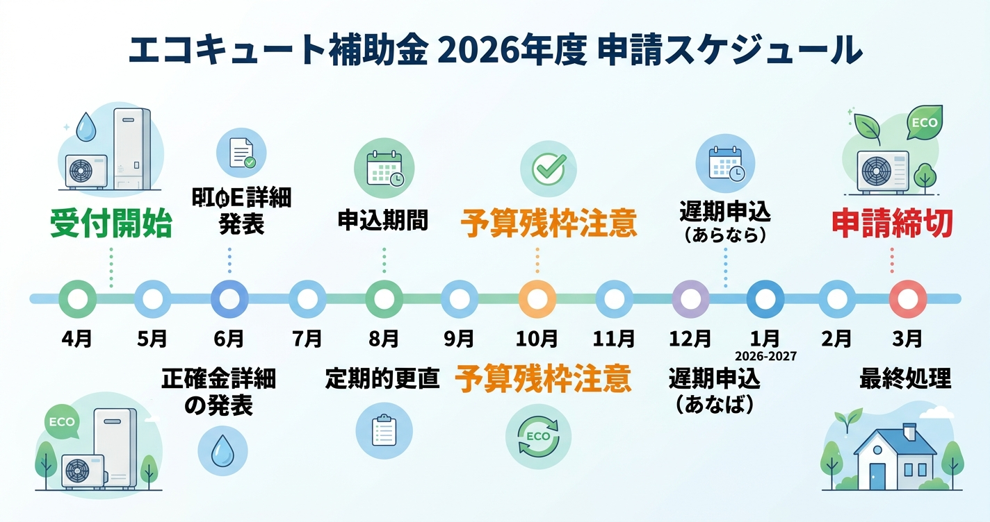 エコキュート補助金2026 申請はいつから？受付開始日・スケジュール・早期申請のコツを徹底解説の補助金解説図