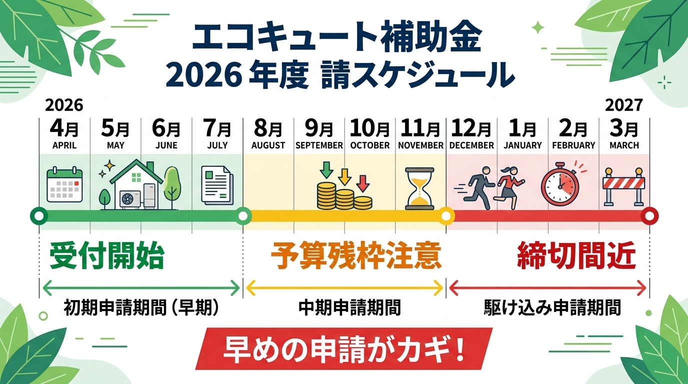 エコキュート補助金の申請期間はいつからいつまで？2026年度スケジュール・受付状況・締切間近の対処法を解説の補助金解説図