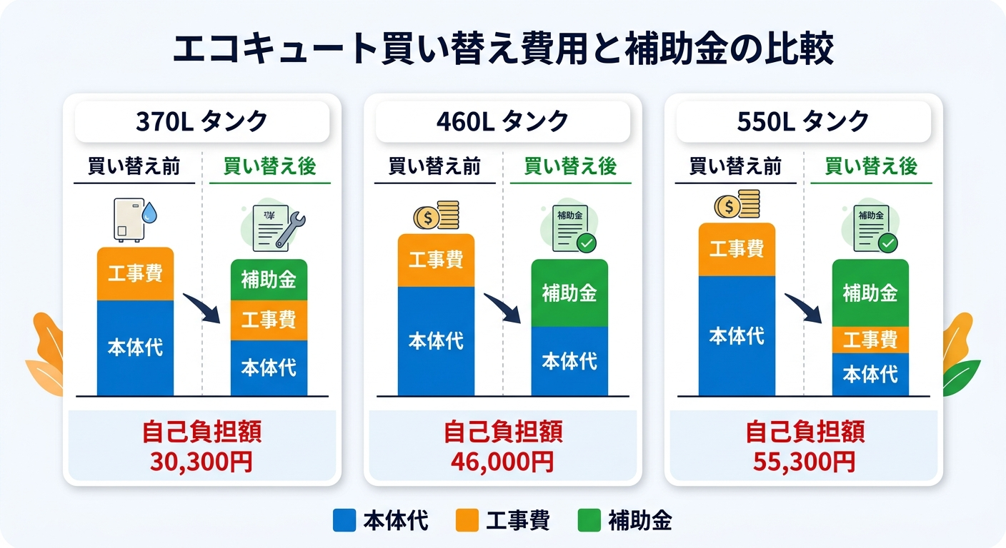 エコキュート買い替え費用と補助金2026｜旧機種からの交換総額・補助金活用・機種別の自己負担額を徹底比較の補助金解説図