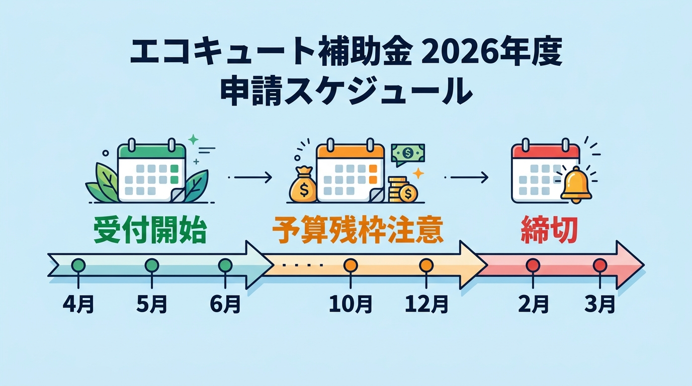 エコキュート補助金2026 申請はいつから？受付開始日・スケジュール・早期申請のコツを徹底解説の補助金解説図