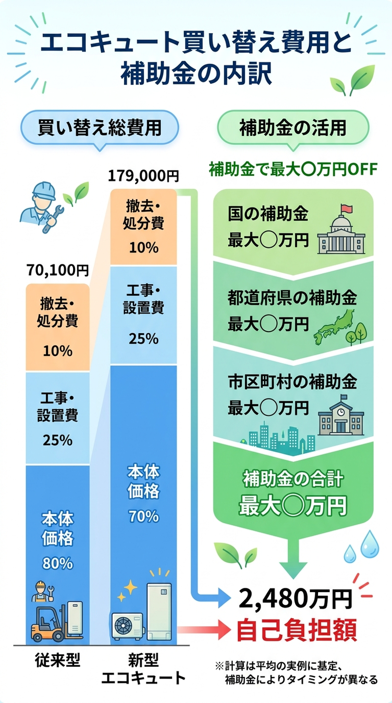 エコキュート買い替え時の補助金活用術2026｜費用内訳・申請手順・旧機種からの交換で最大いくら安くなる？の補助金解説図