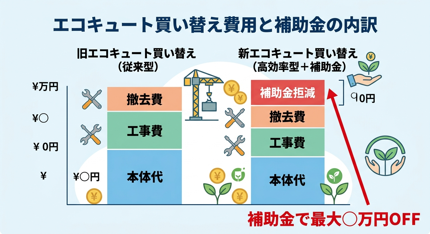 エコキュート買い替え費用と補助金2026｜旧機種→新機種の総額・補助金活用・機種選びのポイントを徹底解説の補助金解説図