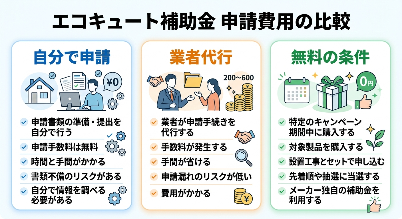 エコキュート買い替え時の補助金申請費用はいくら？代行手数料・自分で申請する場合の実費・無料になる条件を徹底解説2026の補助金解説図
