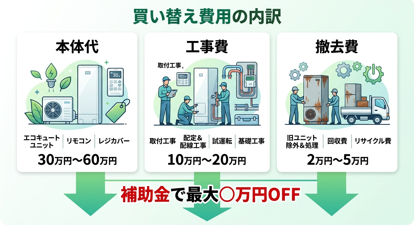 エコキュート買い替え費用と補助金2026｜旧機種→新機種の総額・自己負担・お得な買い替えタイミングを徹底解説の補助金解説図