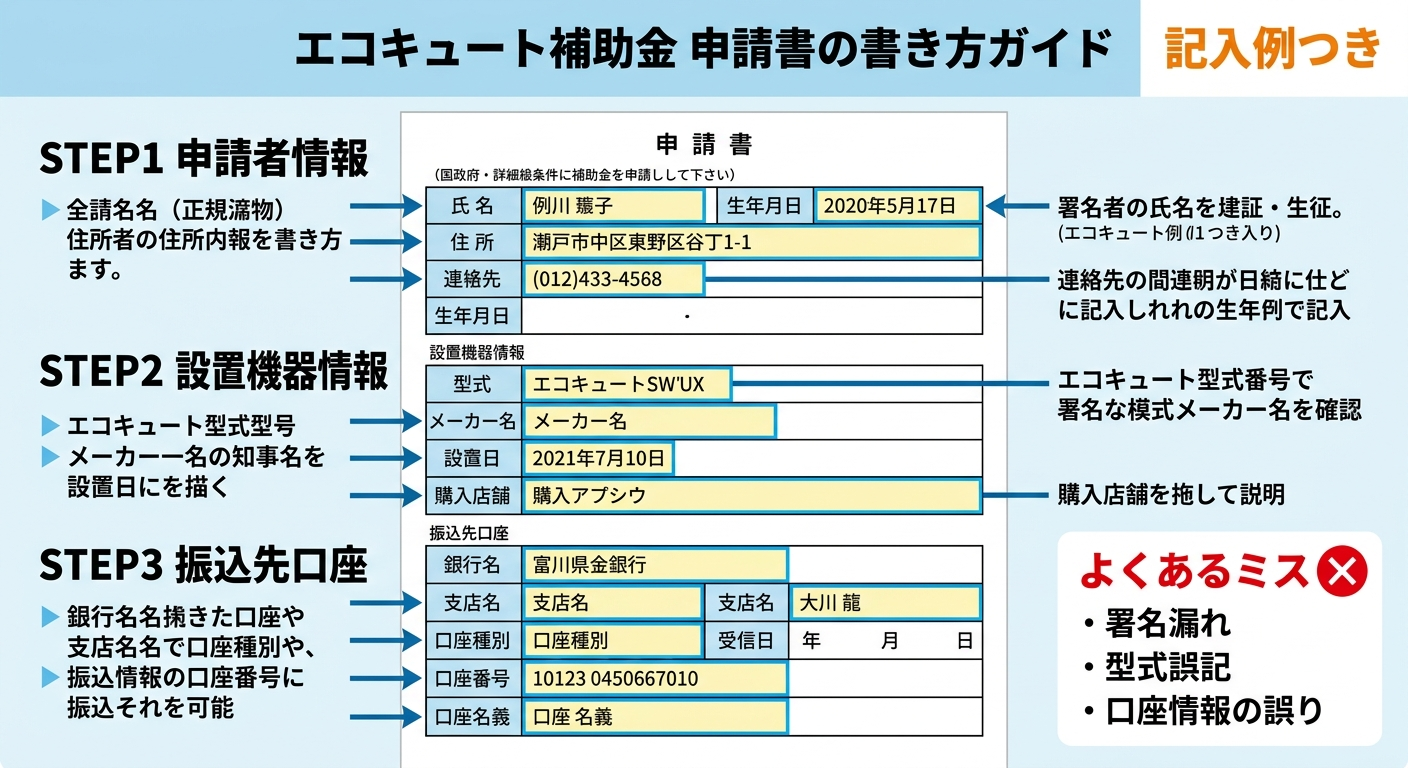 エコキュート補助金 申請書の書き方2026｜記入例・よくあるミス・ダウンロード先をわかりやすく解説の補助金解説図