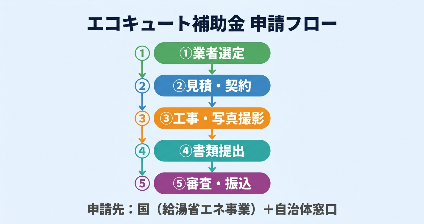 エコキュート補助金2026 申請の全体像｜申請先・方法・書類・振込時期をまとめて解説の補助金解説図